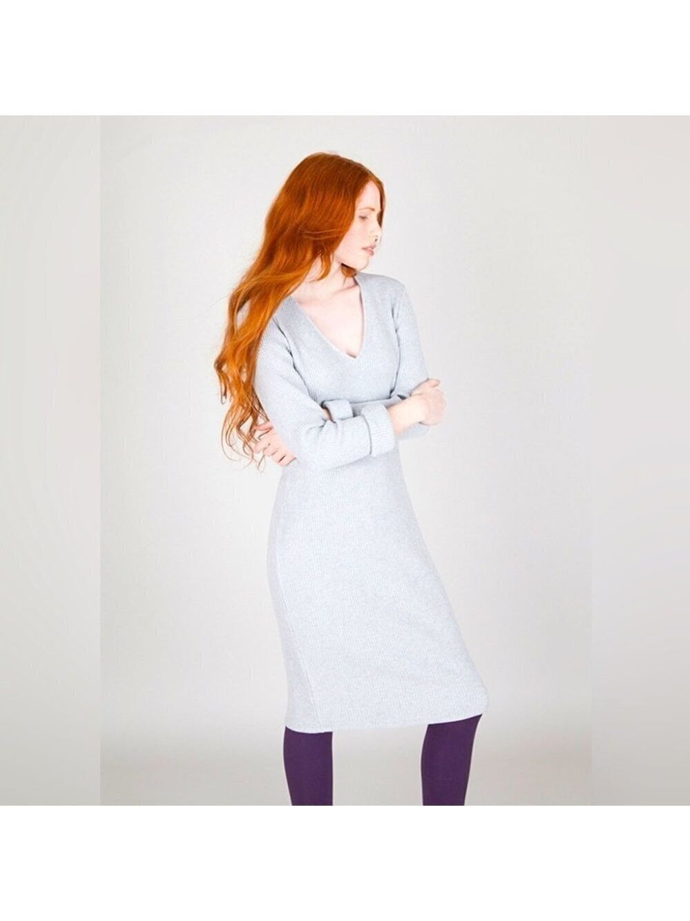 * Obakki Sigur Grey Ribbed Knit V Neck Long Sleeve Dress Size 4/S